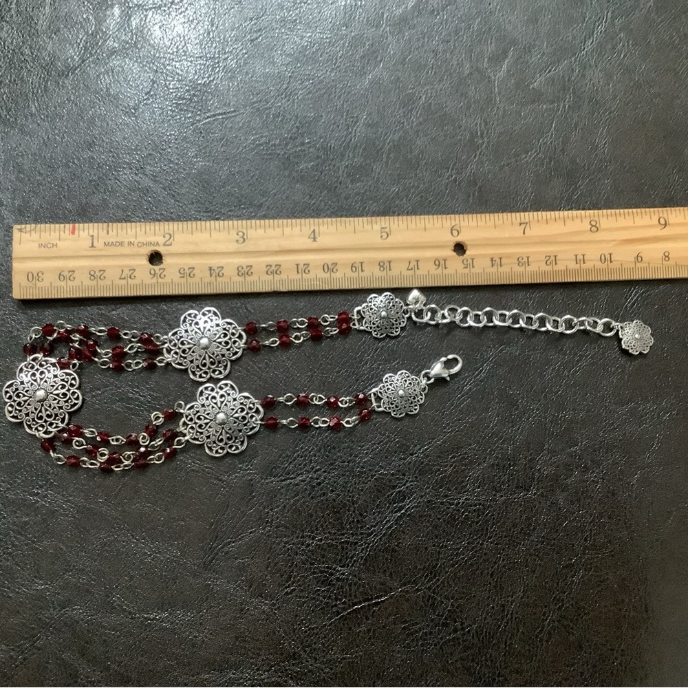 Brighton Silver and Red Floral Medallion Necklace, NWOT. Dust bag included - Picture 7 of 10